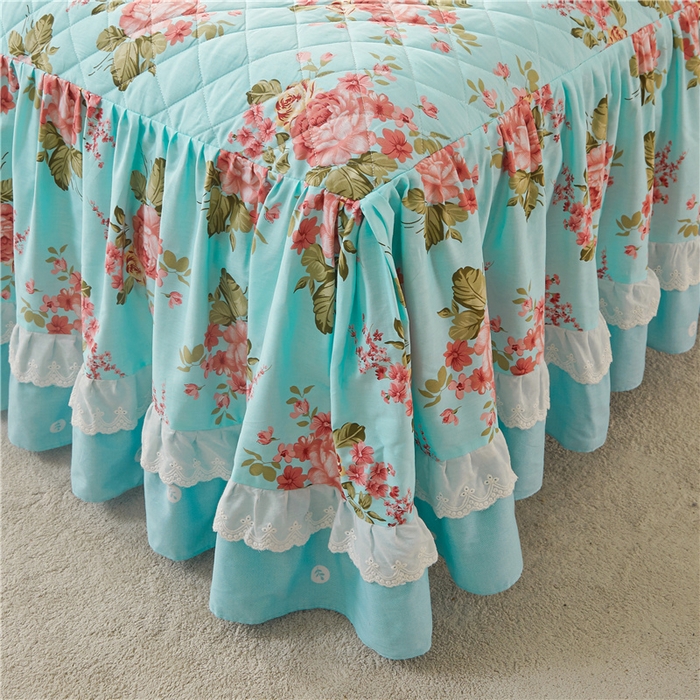 91家纺网 家纺一手货源 找家纺 十个点 2024新款全棉印花夹棉韩版蕾丝床裙三件套  兰若秋思-夹棉