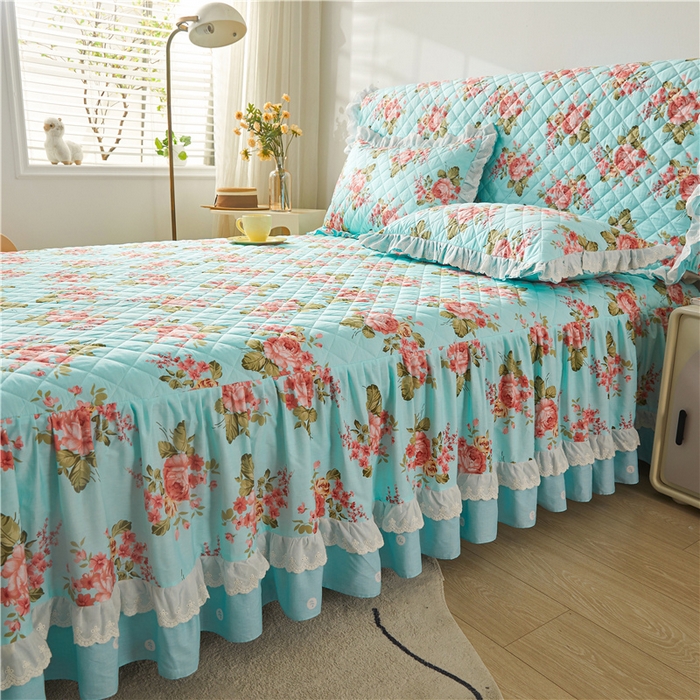 91家纺网 家纺一手货源 找家纺 十个点 2024新款全棉印花夹棉韩版蕾丝床裙三件套  兰若秋思-夹棉