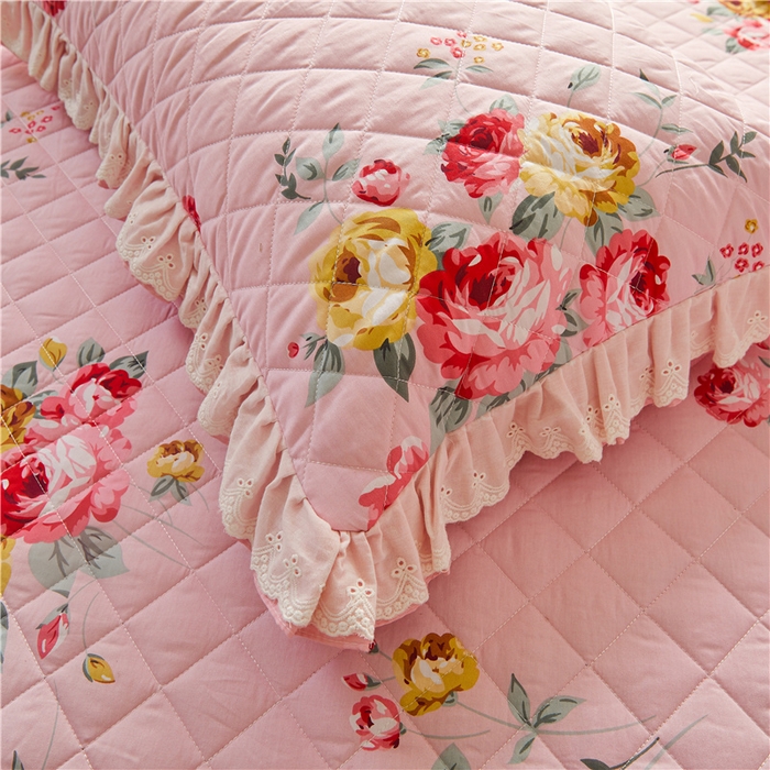 91家纺网 家纺一手货源 找家纺 十个点 2024新款全棉印花夹棉韩版蕾丝床裙三件套  红粉佳人-夹棉