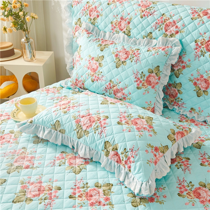 91家纺网 家纺一手货源 找家纺 十个点 2024新款全棉印花夹棉韩版蕾丝床裙三件套  兰若秋思-夹棉