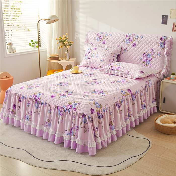 91家纺网 家纺一手货源 找家纺 十个点 2024新款全棉印花夹棉韩版蕾丝床裙三件套  紫色恋人-夹棉