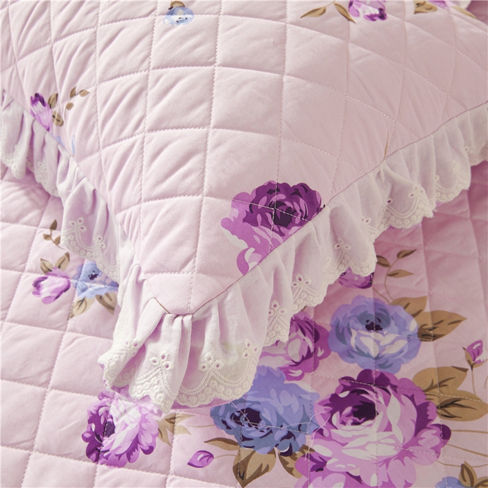 91家纺网 家纺一手货源 找家纺 十个点 2024新款全棉印花夹棉韩版蕾丝床裙三件套  紫色恋人-夹棉