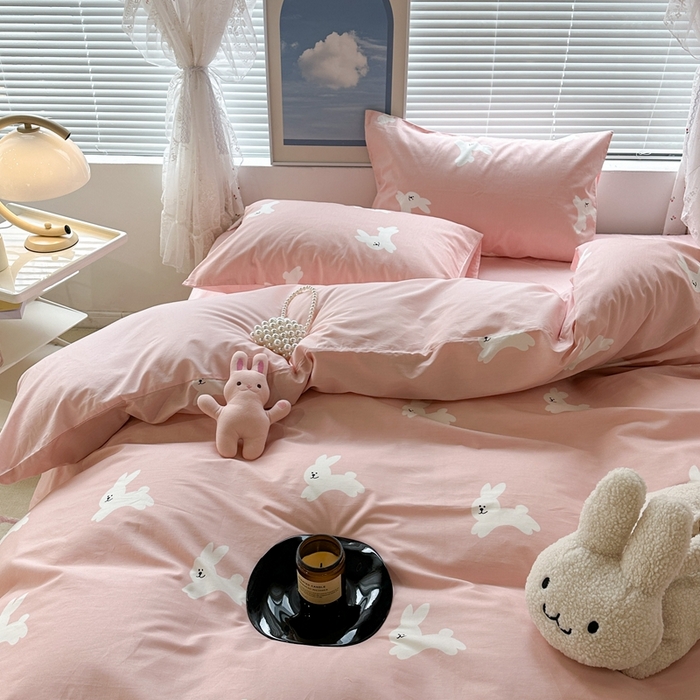 91家纺网 家纺一手货源 找家纺 昔可2023新款3月春日全棉四件套 粉粉兔