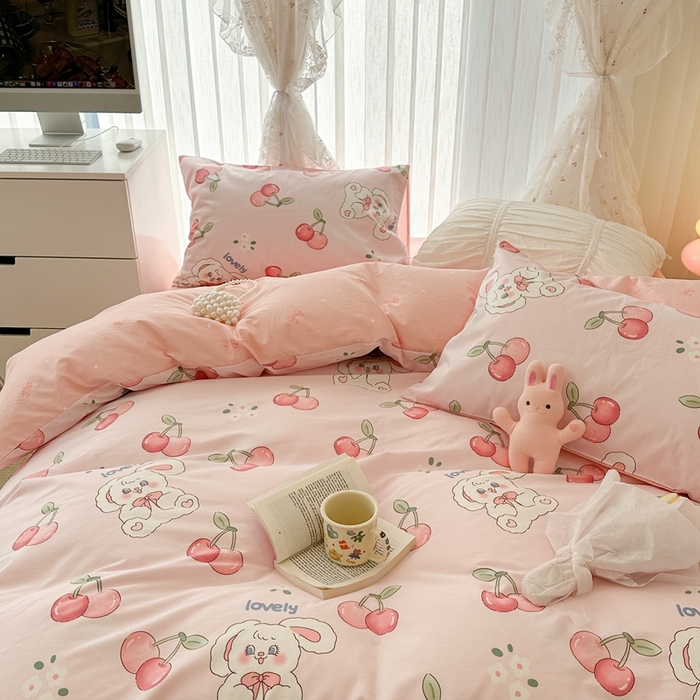 91家纺网 家纺一手货源 找家纺 昔可2023新款3月春日全棉四件套 红樱桃小兔几