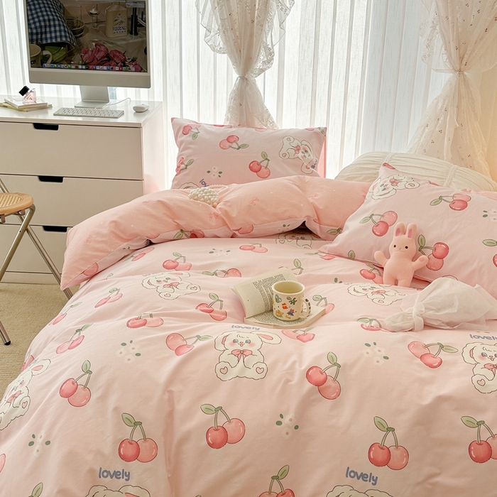 91家纺网 家纺一手货源 找家纺 昔可2023新款3月春日全棉四件套 红樱桃小兔几