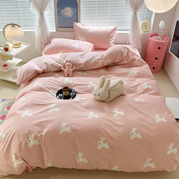 91家纺网 家纺一手货源 找家纺 昔可2023新款3月春日全棉四件套 粉粉兔