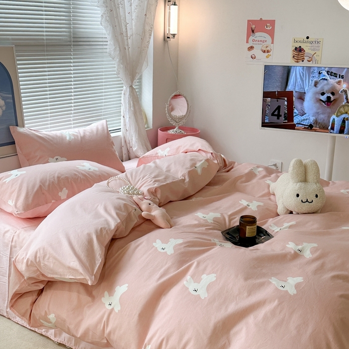 91家纺网 家纺一手货源 找家纺 昔可2023新款3月春日全棉四件套 粉粉兔