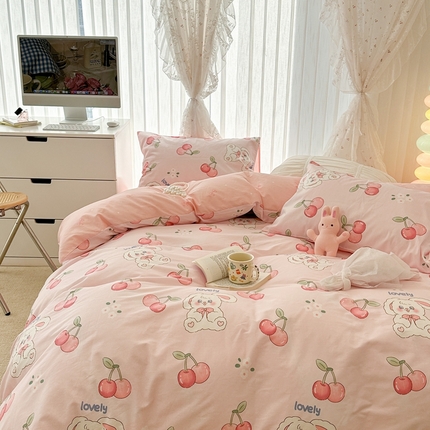 昔可2023新款3月春日全棉四件套 红樱桃小兔几