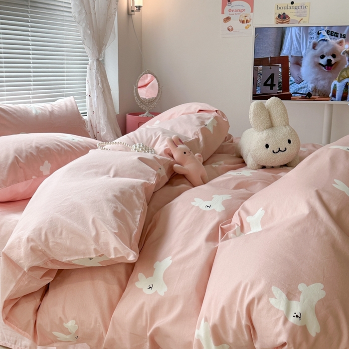 91家纺网 家纺一手货源 找家纺 昔可2023新款3月春日全棉四件套 粉粉兔