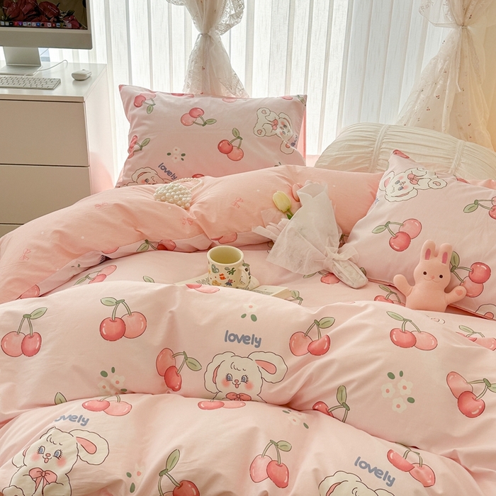 91家纺网 家纺一手货源 找家纺 昔可2023新款3月春日全棉四件套 红樱桃小兔几