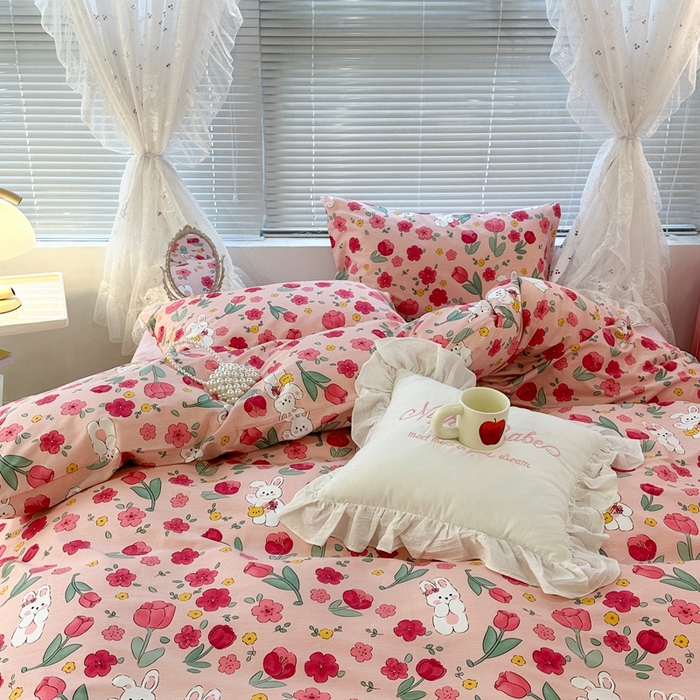 91家纺网 家纺一手货源 找家纺 昔可2023新款3月春日全棉四件套 花海小兔