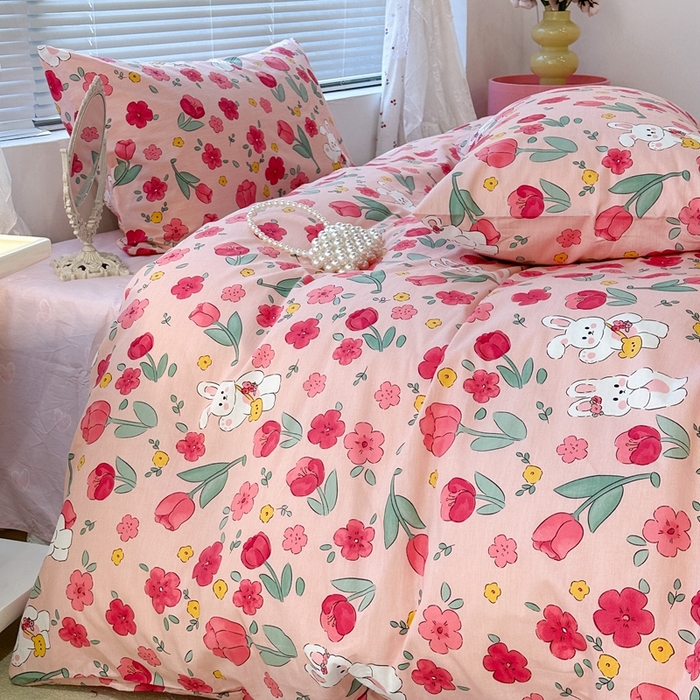 91家纺网 家纺一手货源 找家纺 昔可2023新款3月春日全棉四件套 花海小兔