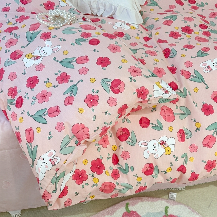 91家纺网 家纺一手货源 找家纺 昔可2023新款3月春日全棉四件套 花海小兔