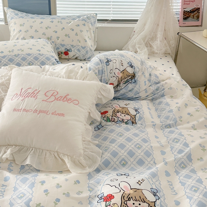 91家纺网 家纺一手货源 找家纺 昔可2023新款3月春日全棉四件套 蓝花女孩