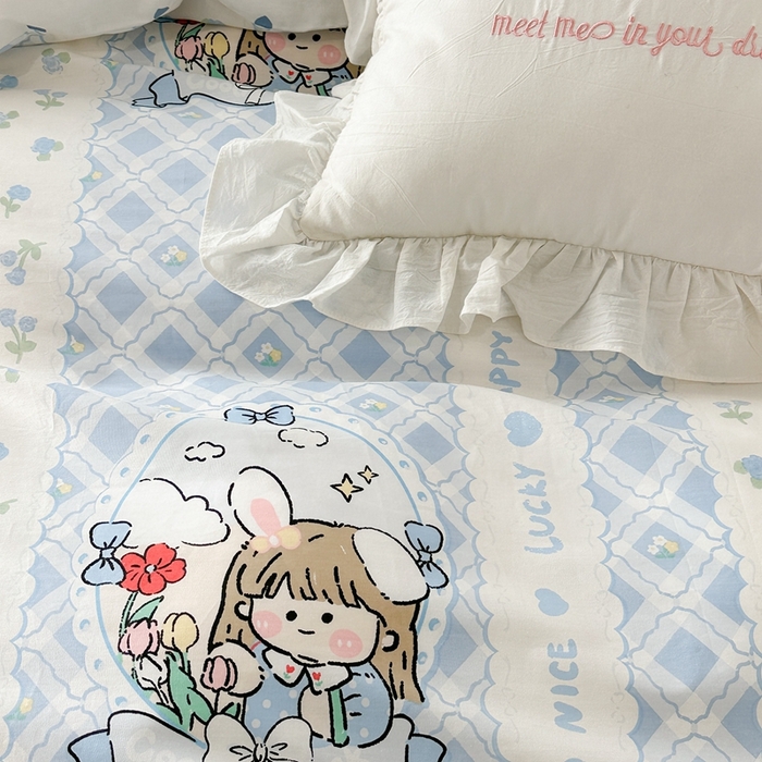 91家纺网 家纺一手货源 找家纺 昔可2023新款3月春日全棉四件套 蓝花女孩