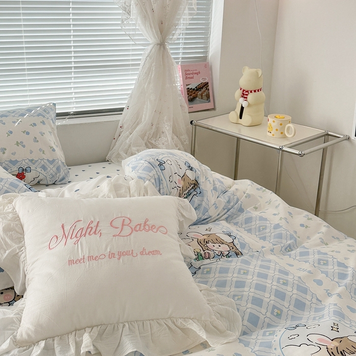 91家纺网 家纺一手货源 找家纺 昔可2023新款3月春日全棉四件套 蓝花女孩