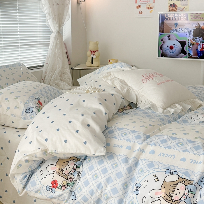 91家纺网 家纺一手货源 找家纺 昔可2023新款3月春日全棉四件套 蓝花女孩