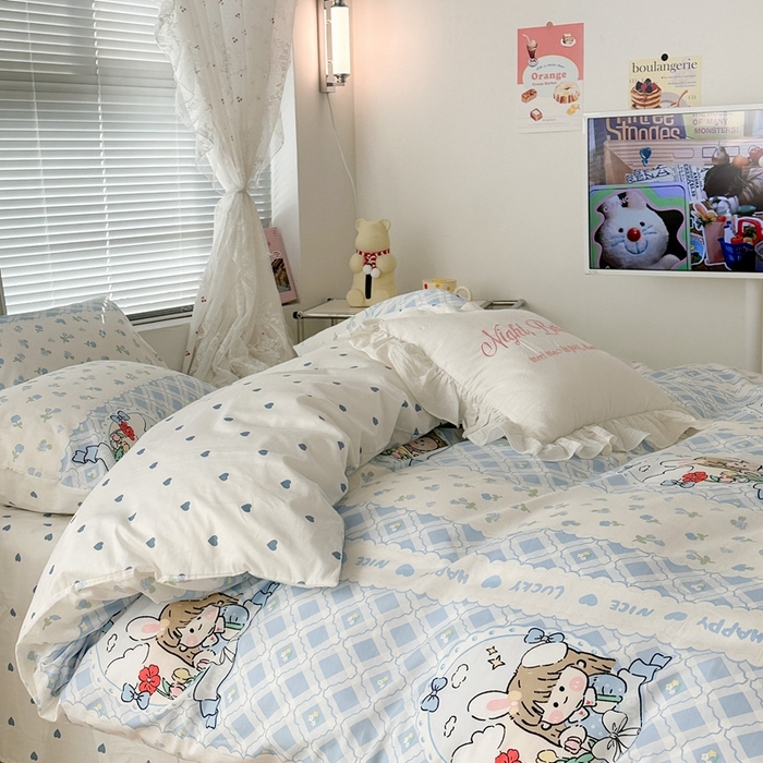 91家纺网 家纺一手货源 找家纺 昔可2023新款3月春日全棉四件套 蓝花女孩