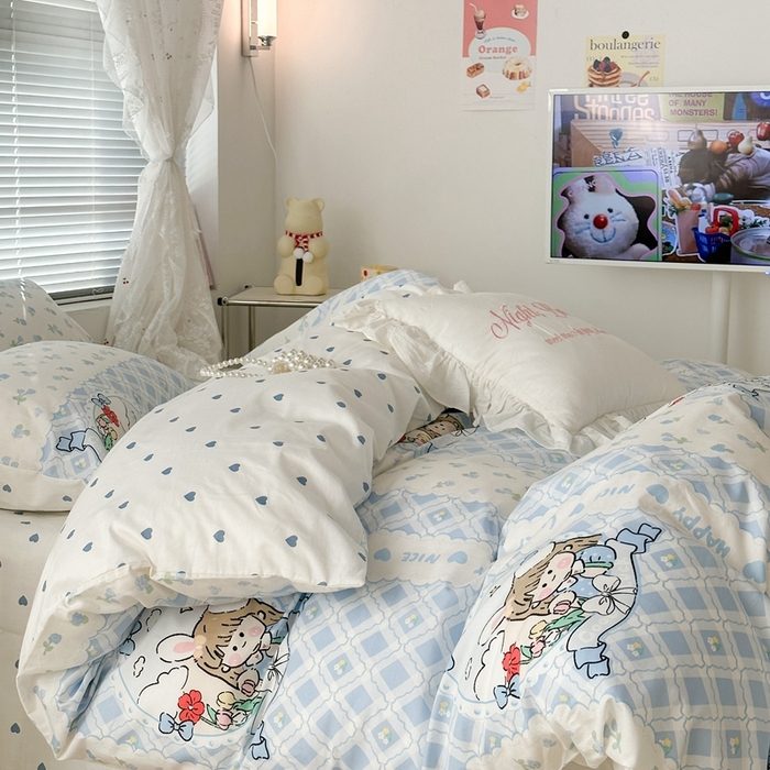 91家纺网 家纺一手货源 找家纺 昔可2023新款3月春日全棉四件套 蓝花女孩