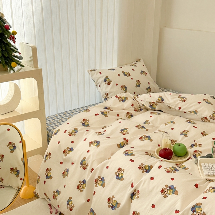 91家纺网 家纺一手货源 找家纺 昔可2023新款3月春日全棉四件套 苹果熊