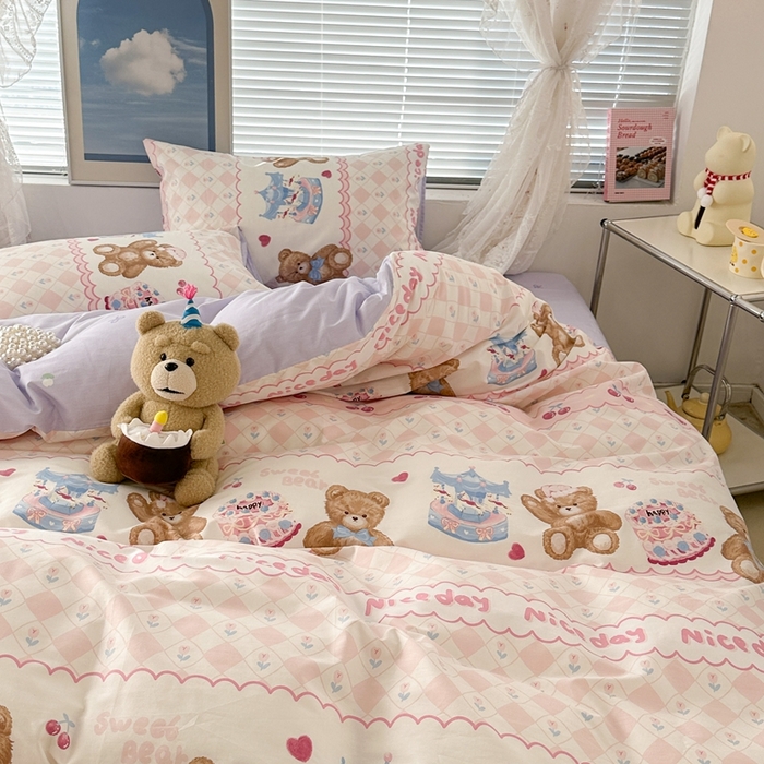 91家纺网 家纺一手货源 找家纺 昔可2023新款3月春日全棉四件套 生日小熊