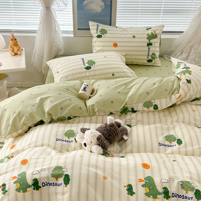 91家纺网 家纺一手货源 找家纺 昔可2023新款3月春日全棉四件套 树林恐龙