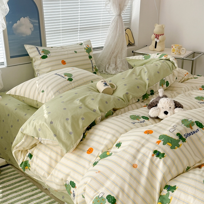 91家纺网 家纺一手货源 找家纺 昔可2023新款3月春日全棉四件套 树林恐龙