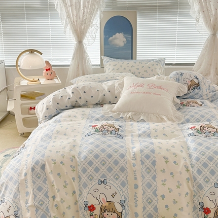 91家纺网 家纺一手货源 找家纺 昔可2023新款3月春日全棉四件套 蓝花女孩