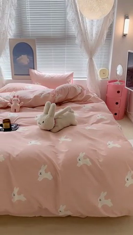 91家纺网 家纺一手货源 找家纺 昔可2023新款3月春日全棉四件套 粉粉兔