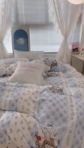 91家纺网 家纺一手货源 找家纺 昔可2023新款3月春日全棉四件套 蓝花女孩