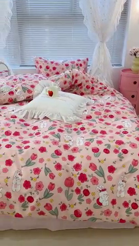 91家纺网 家纺一手货源 找家纺 昔可2023新款3月春日全棉四件套 花海小兔