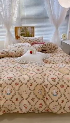 91家纺网 家纺一手货源 找家纺 昔可2023新款3月春日全棉四件套 花环樱桃兔