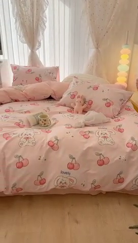 91家纺网 家纺一手货源 找家纺 昔可2023新款3月春日全棉四件套 红樱桃小兔几