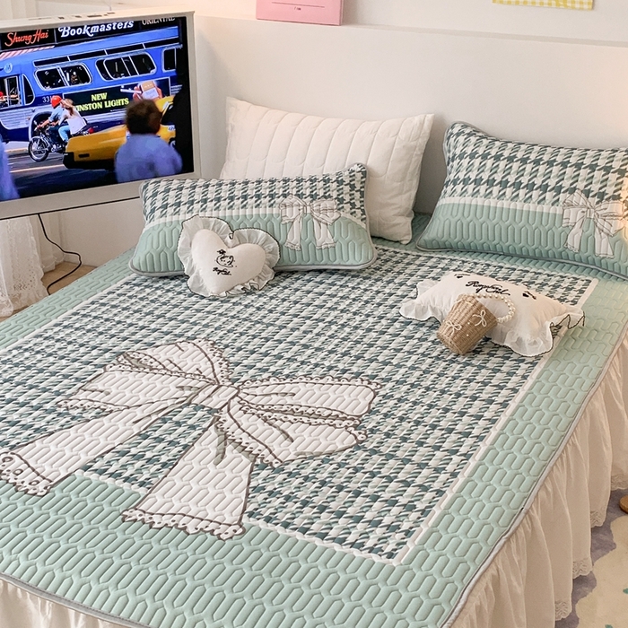 91家纺网 家纺一手货源 找家纺 昔可2023新款大版乳胶凉席第一批 绿色千鸟格蝴蝶结