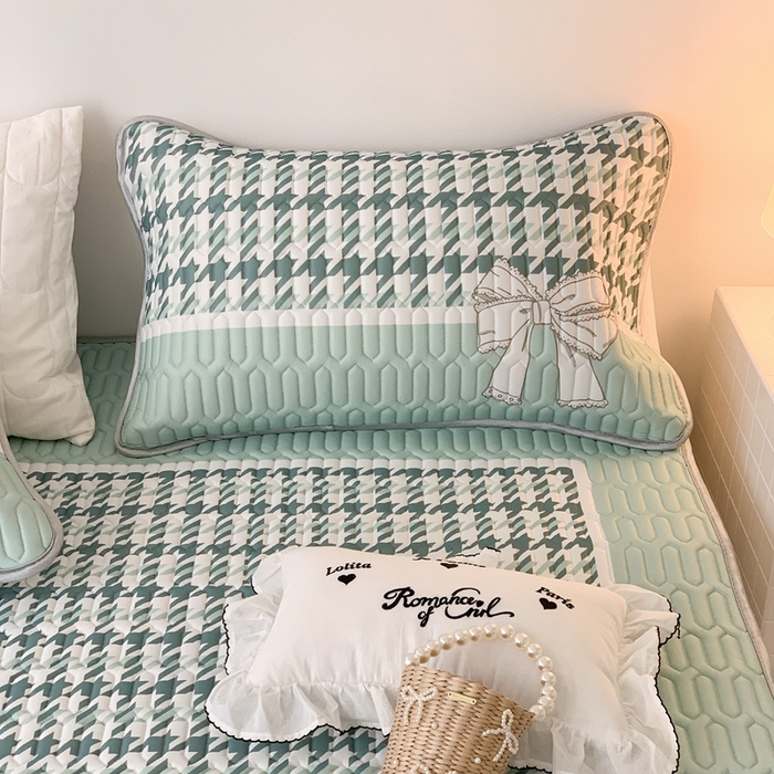 91家纺网 家纺一手货源 找家纺 昔可2023新款大版乳胶凉席第一批 绿色千鸟格蝴蝶结