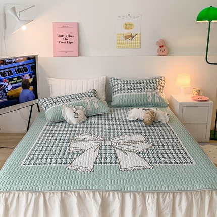 91家纺网 家纺一手货源 找家纺 昔可2023新款大版乳胶凉席第一批 绿色千鸟格蝴蝶结