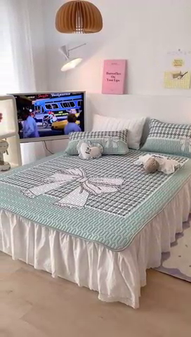 91家纺网 家纺一手货源 找家纺 昔可2023新款大版乳胶凉席第一批 绿色千鸟格蝴蝶结