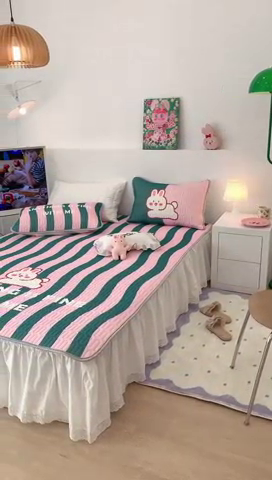 91家纺网 家纺一手货源 找家纺 昔可2023新款大版乳胶凉席第一批 条纹兔（有0.9米和1.2米）