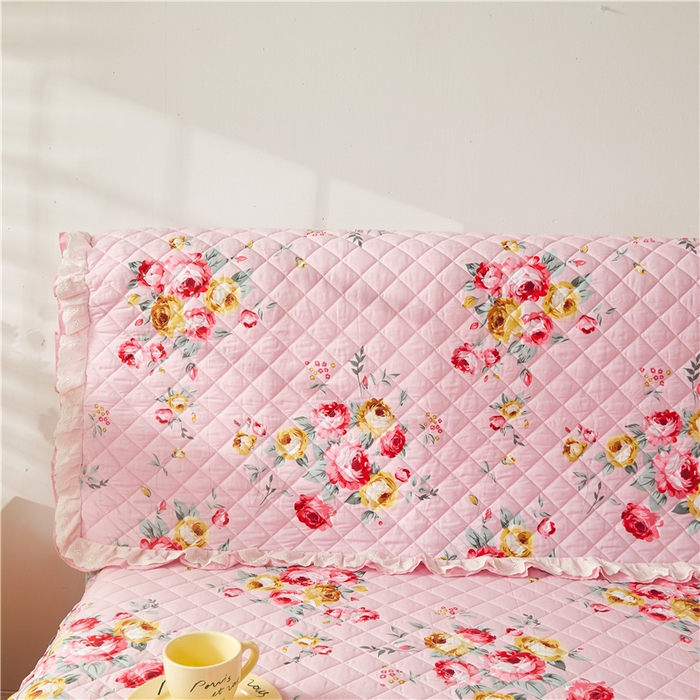 91家纺网 家纺一手货源 找家纺  十个点 2024新款全棉印花夹棉韩版蕾丝夹棉床头罩 红粉佳人-夹棉