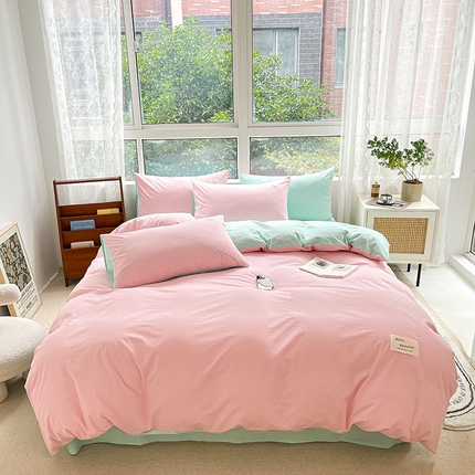 91家纺网 家纺一手货源 找家纺 寐居2023新款水洗棉四件套  深粉+湖蓝