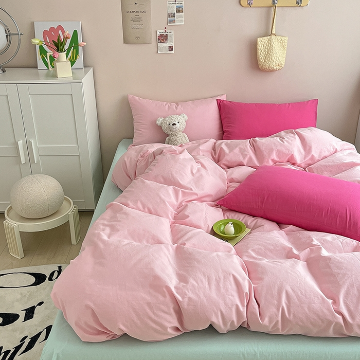 91家纺网 家纺一手货源 找家纺 寐居2023新款水洗棉四件套  ins风-樱花粉