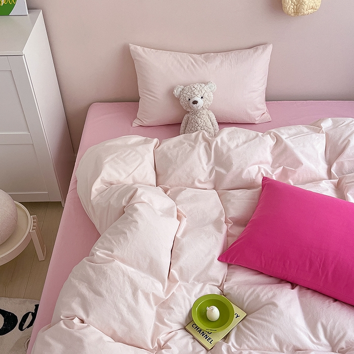 91家纺网 家纺一手货源 找家纺 寐居2023新款水洗棉四件套  ins风-樱花粉