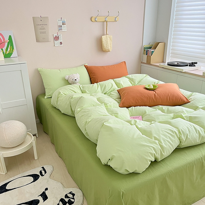 91家纺网 家纺一手货源 找家纺 寐居2023新款水洗棉四件套  ins风-湖绿色