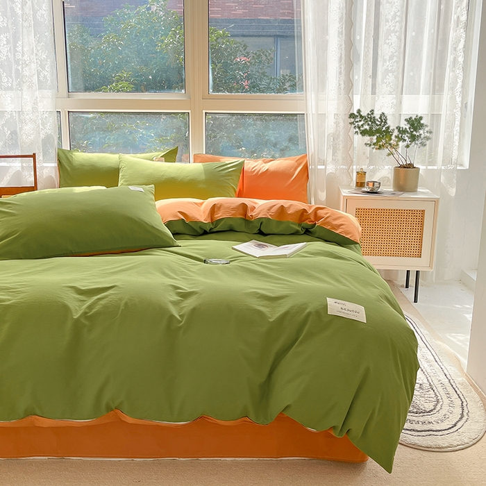 91家纺网 家纺一手货源 找家纺 寐居2023新款水洗棉四件套  军绿+焦糖