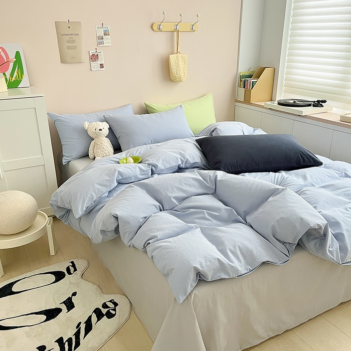 91家纺网 家纺一手货源 找家纺 寐居2023新款水洗棉四件套  ins风-迷雾蓝