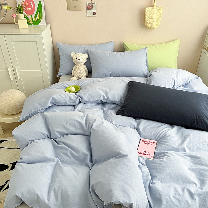 91家纺网 家纺一手货源 找家纺 寐居2023新款水洗棉四件套  ins风-迷雾蓝