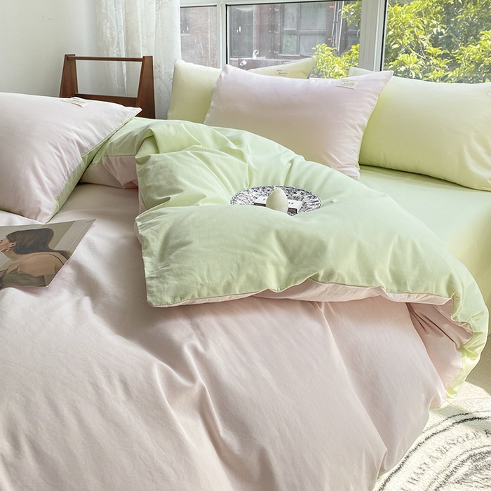 91家纺网 家纺一手货源 找家纺 寐居2023新款水洗棉四件套  奶油玉+橄榄绿