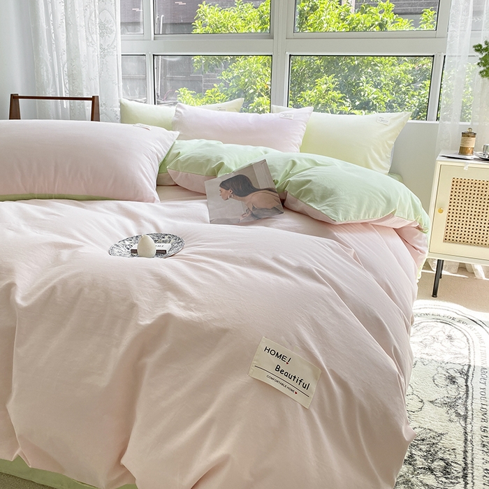 91家纺网 家纺一手货源 找家纺 寐居2023新款水洗棉四件套  奶油玉+橄榄绿