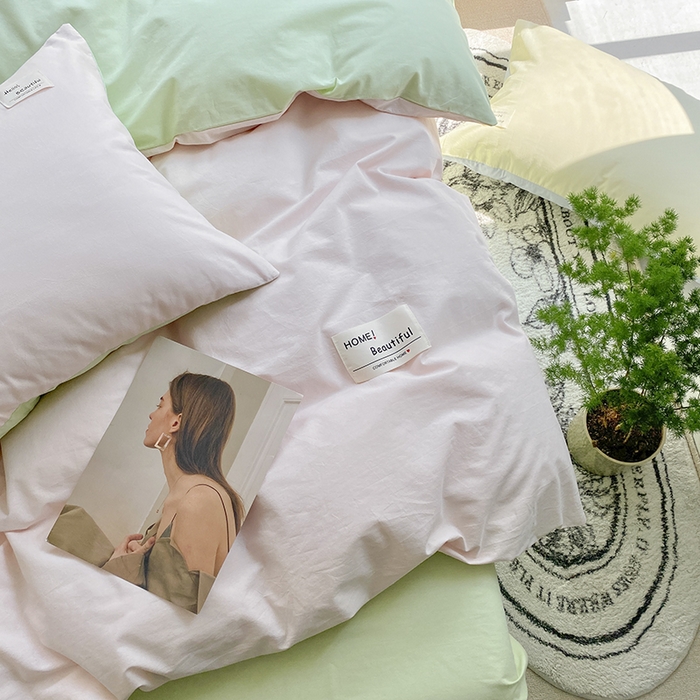 91家纺网 家纺一手货源 找家纺 寐居2023新款水洗棉四件套  奶油玉+橄榄绿