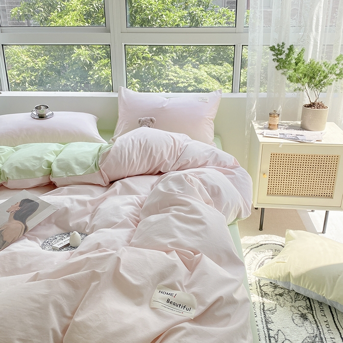 91家纺网 家纺一手货源 找家纺 寐居2023新款水洗棉四件套  奶油玉+橄榄绿